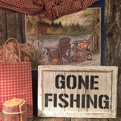 Rustic GONE FISHING Sign Cabin Beach Man Cave BarPub Country Home Decor ...