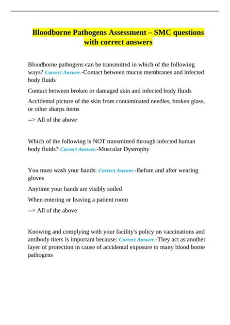 Bloodborne Pathogens Assessment – SMC questions with correct answers ...