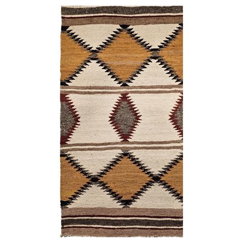 Vintage Native American Navajo Area Rug in Wide Band Pattern in Ivory, Rust For Sale at 1stDibs