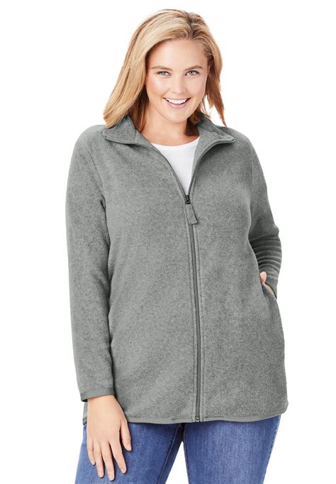 Woman Within Plus Size Zip-Front Microfleece Jacket Long Oversized ...