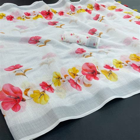 Elegant White Floral Printed Linen Cotton Saree With Delicate Tassel D
