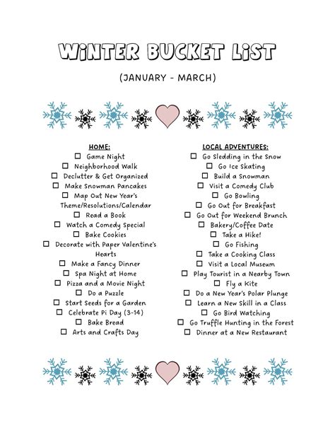 Winter Bucket List Printable - Seasonal Bucket List - Winter Fun ...