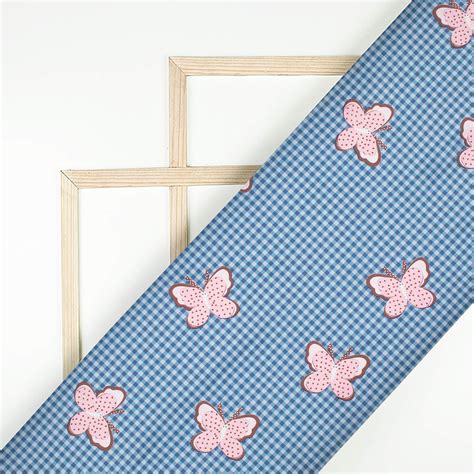 Aegean Blue And Baby Pink Butterfly Pattern Digital Print Japan Satin ...