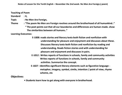 10th English Lesson Plan – November the 2nd week No Men Are Foreign,( poem)