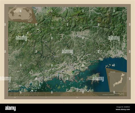 Okayama, prefecture of Japan. High resolution satellite map. Locations and names of major cities ...