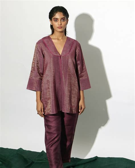 Plum handwoven V-neck Jacket top with zari stripes | Karomi crafts