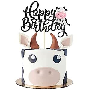 Gyufise 1Pc Cow Happy Birthday Cake Topper Glitter Farm Animals Theme ...