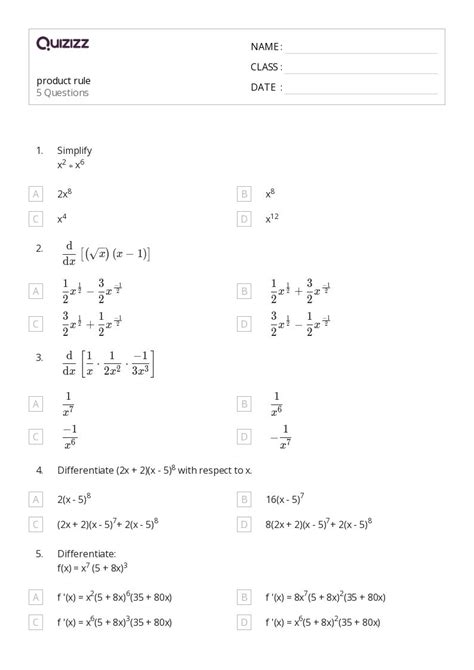 50+ product rule worksheets for 12th Class on Quizizz | Free & Printable