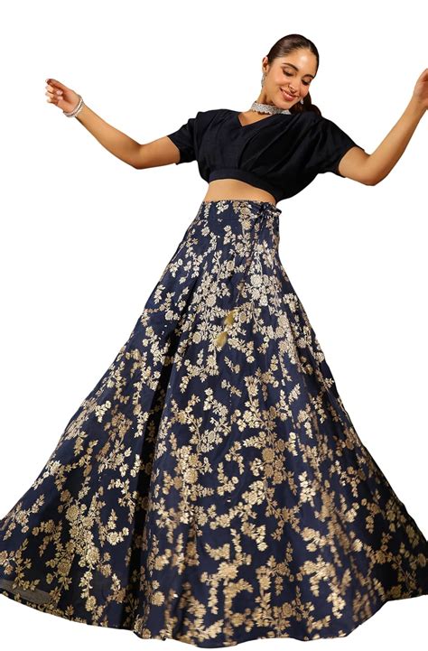 Buy Janasya Women's Navy Blue Silk Blend Brocade Panelled Lehenga Choli ...