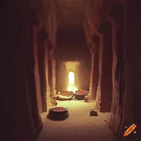 1970's documentary footage of an underground pyramid with bongo drums inside an ancient Egyptian ...