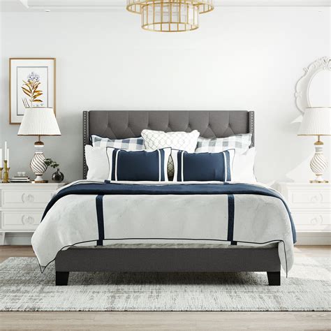 Buy Modern Queen Bed Frame, 500lbs Capacity Upholstered Grey Button ...