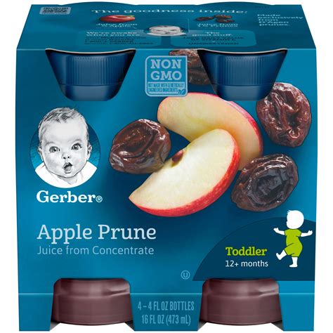 (Pack of 4) Gerber 100% Apple Prune Fruit Juice, 4 Fl Oz Bottles ...