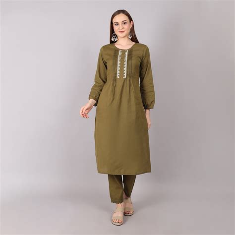 Organic Cotton Kurta For Women - Mud Green Kurta Set – Chaheti