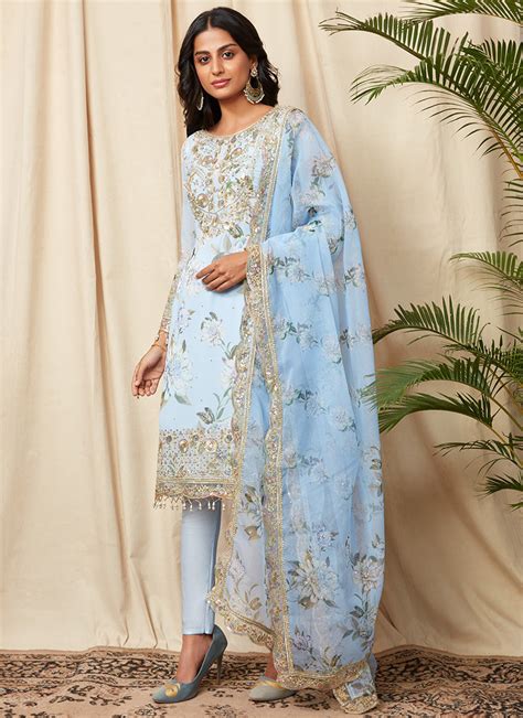 Light Blue Floral Georgette Suit – Lashkaraa India