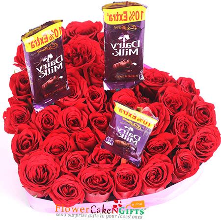 Send Online 25 red roses 3 dairy milk Chocolate heart shaped ...
