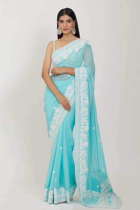 Buy Blue Georgette Pearls, Embroidery Sweetheart Floral Border Saree ...