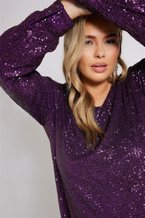 YOURS LONDON Plus Size Purple Sequin V-Neck Top | Yours Clothing