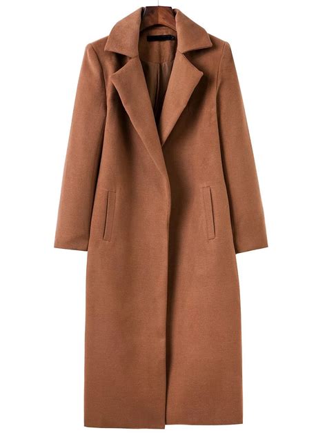 Brown Lapel Neck Pocket Long Coat -SheIn(Sheinside)