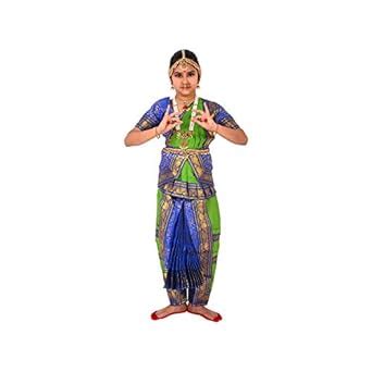 BHARATANATYAMWORLD Bharatnatyam Readymade Blue & Green China Silk for ...