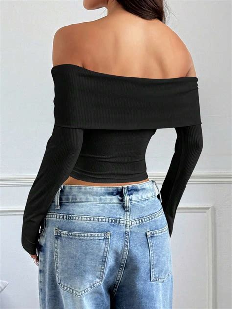 SHEIN EZwear Maglietta donna con spalle scoperte, manica lunga, tinta ...