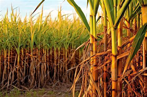Tallos de caña de azúcar con fondo de plantación de caña de azúcar ...