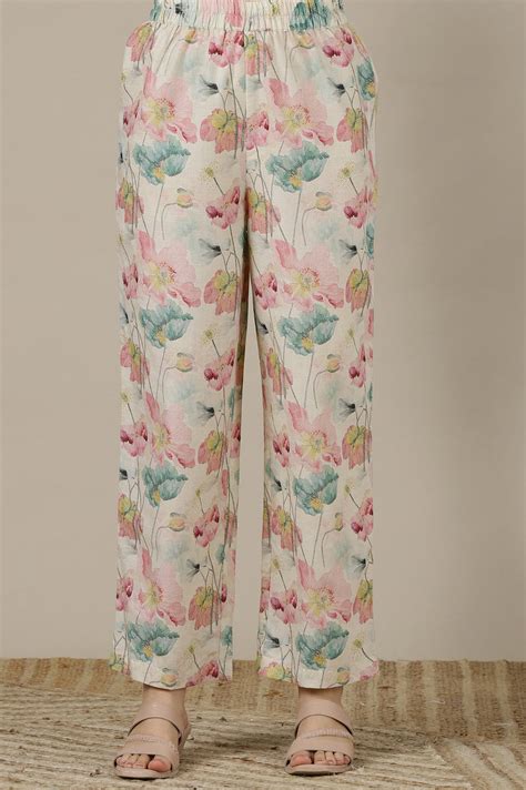 Buy Cream Floral Printed Cotton Blend Straight Kurta, Palazzo an ...