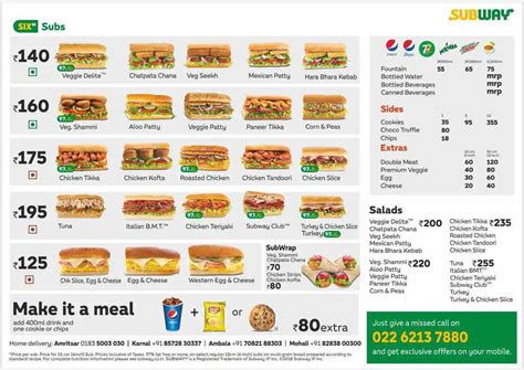 Menu at Subway, Amritsar, SCO 31