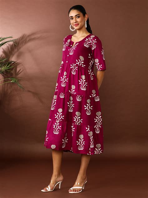 Floral Printed A-Line Tiered Ethnic Dress - Jaipur Kurti