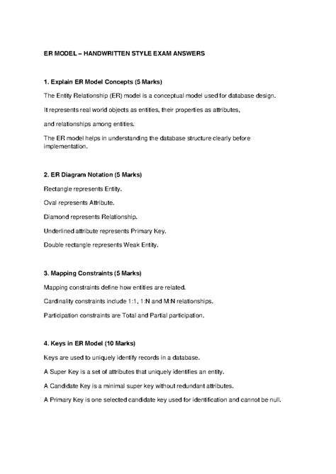 ER Model Handwritten Exam Answers: Key Concepts & Notation - Studocu