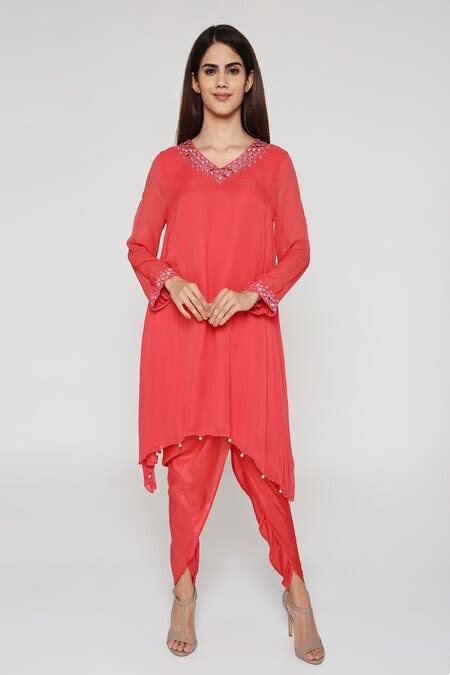 Buy Coral Georgette, Silk Pearls V-neck Rita Embroidered Tunic And ...