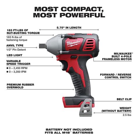 Milwaukee 2659-20 M18 Lithium-Ion 1-2 in. Impact Wrench with Pin Detent ...