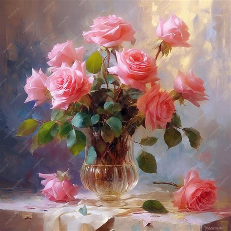 Premium AI Image | a painting of pink roses in a vase on a table.