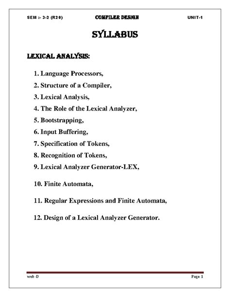COMPILER DESIGN SEM (R20) Syllabus: Lexical & Syntax Analysis - Studocu