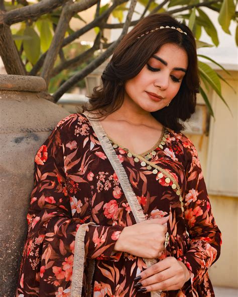 Bahni Brown Floral Print Angrakha Neck Anarkali Suit Set