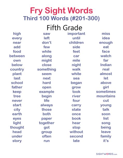 Sight Words Fifth Grade