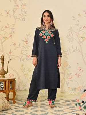 Buy Rustorange Navy Blue Woollen Aari Band Collar Embroidered Floral ...