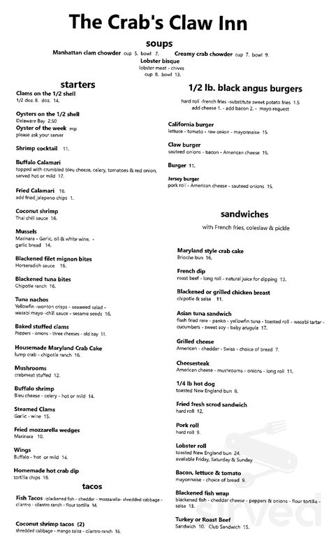 Menu for Crabs Claw Inn in Lavallette, NJ | Sirved
