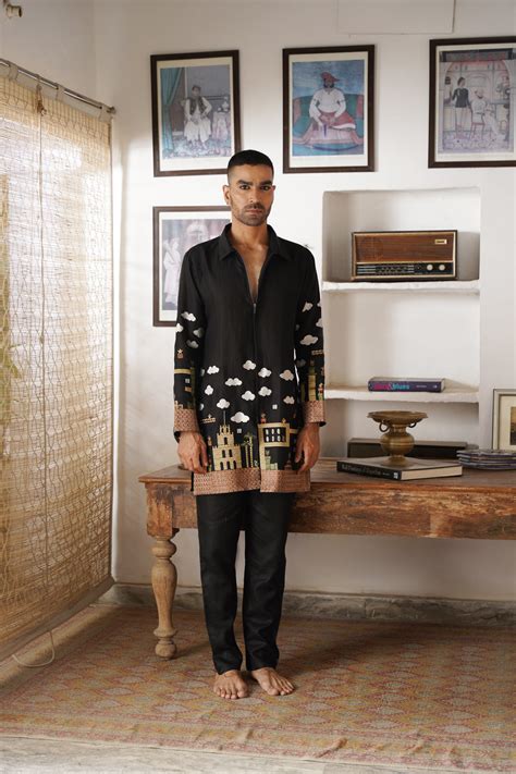 Rudra Black Linen Zipper Front Open Kurta Set Pure Linen Kurta Sets ...