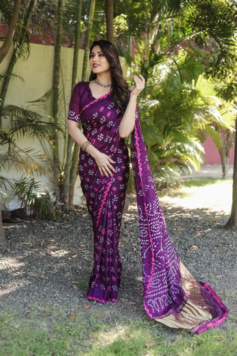Tissue Pallu With Wine Color Original Bandhani Saree – Vastra Shop