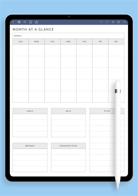 Month At A Glance Blank Calendar Template Example Calendar Printable