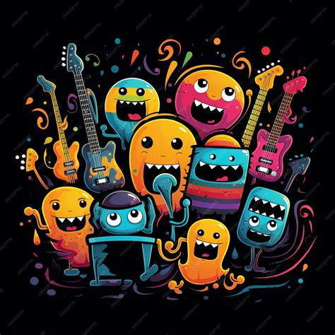 Funny cartoon characters and musical instruments on black backdrop ...