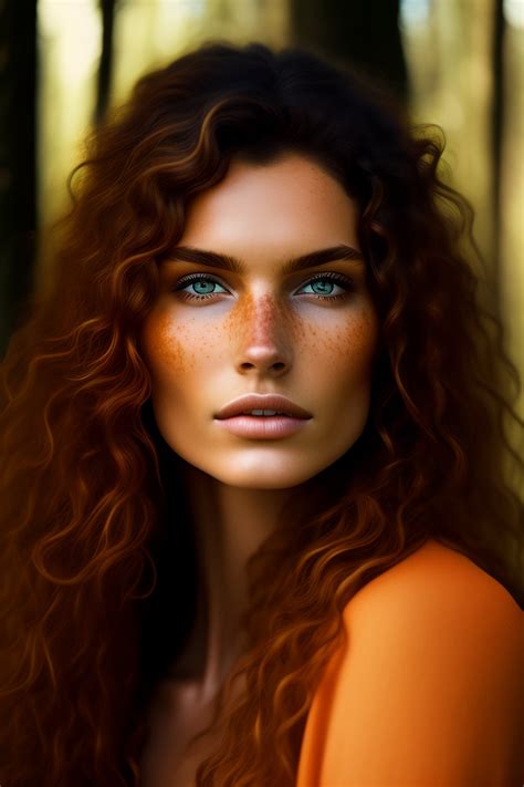 Lexica - Brunette, wild hair, orange eyes, freckles, forest woman