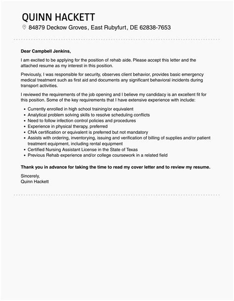 Rehab Aide Cover Letter | Velvet Jobs