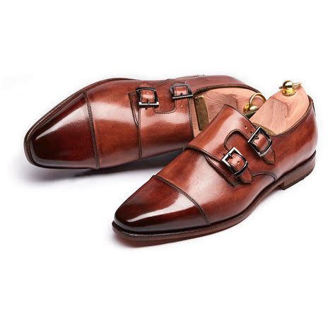 Tan Leather Patina Finish Double Monk Strap Shoes for Men | French ...