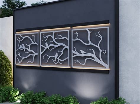Tree Branches w/ Birds Outdoor Metal Wall Art, 3 Piece Multi Panel Art ...