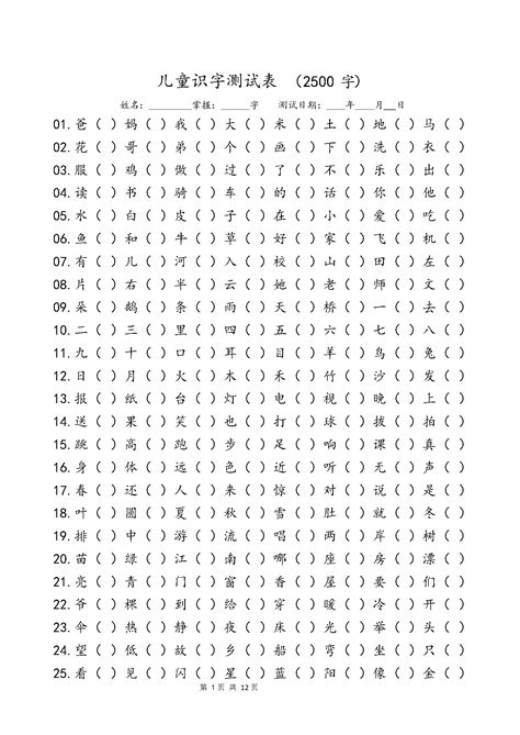 儿童识字测试表(2500字)，高清可打印_网络_来源_文件