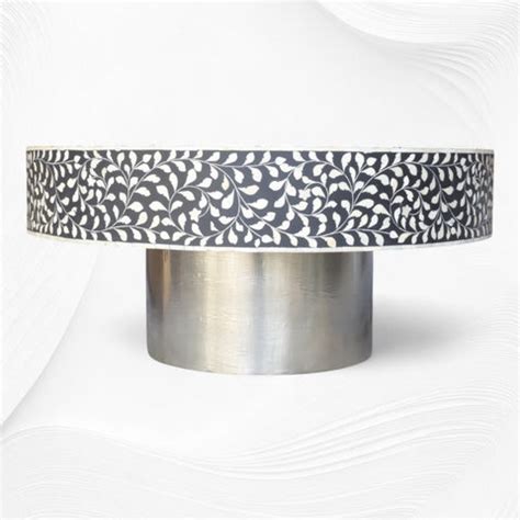 Black Scroll Vine Bone Inlay Coffee Table Silver Base | Bone Inlay Cen ...