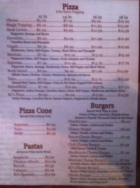 Menu at BJ's Pizza pizzeria, Chickasha