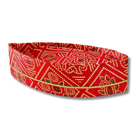 Firstdemand Men's Red Bandhni Cotton Topi Cap with Gold Chain Trim ...