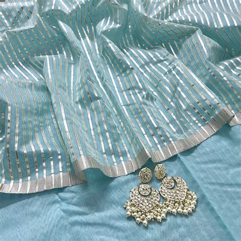 Baby blue chanderi saree with gota work all over – Roots Handloom